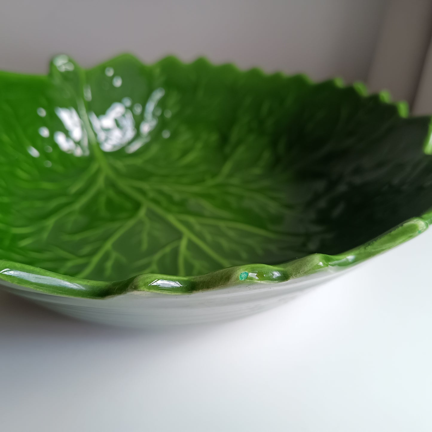 Large Vintage Portuguese Cabbage Leaf Serving Bowl: Emerald Green Majolica, Bordallo Style