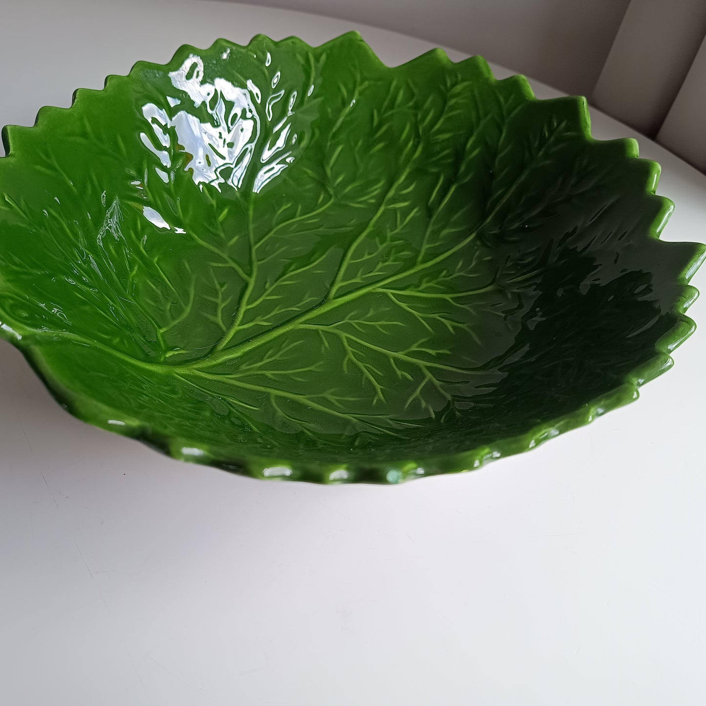 Large Vintage Portuguese Cabbage Leaf Serving Bowl: Emerald Green Majolica, Bordallo Style