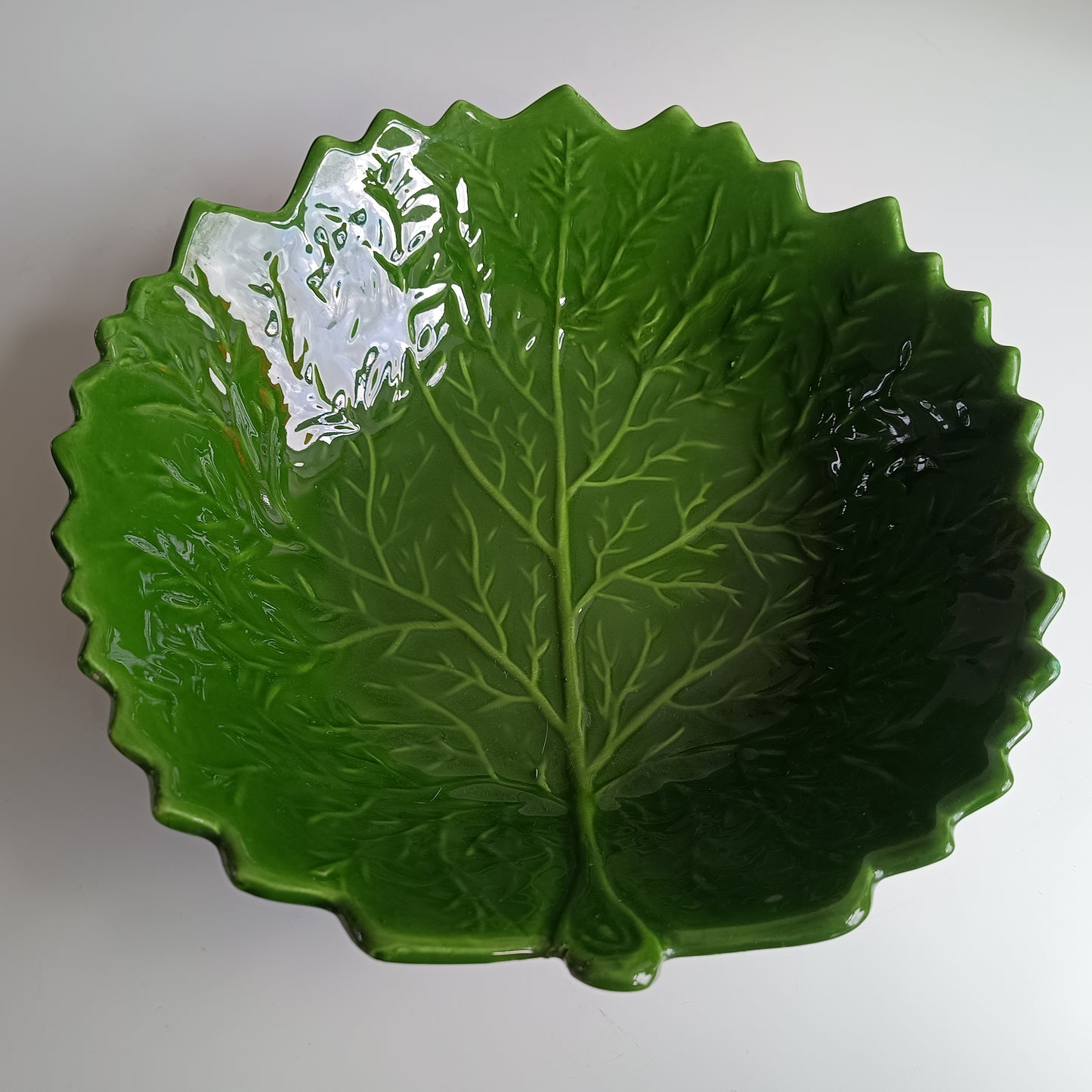 Large Vintage Portuguese Cabbage Leaf Serving Bowl: Emerald Green Majolica, Bordallo Style