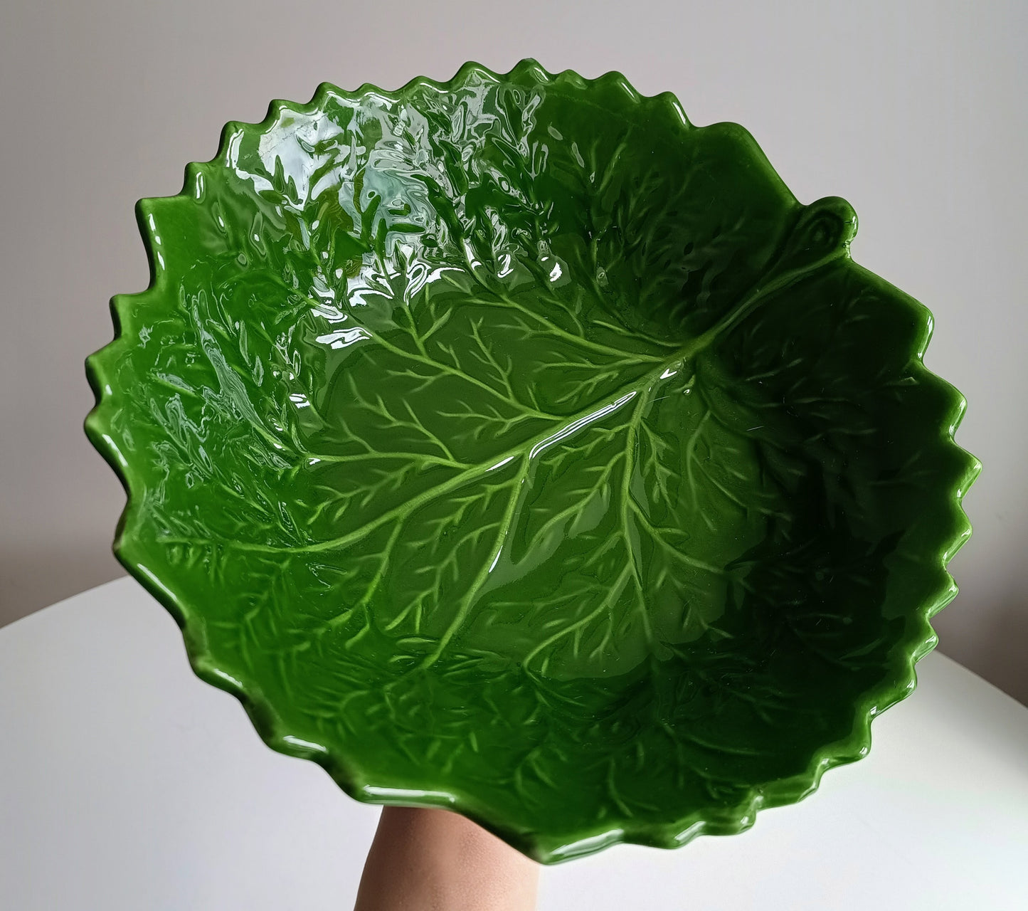 Large Vintage Portuguese Cabbage Leaf Serving Bowl: Emerald Green Majolica, Bordallo Style