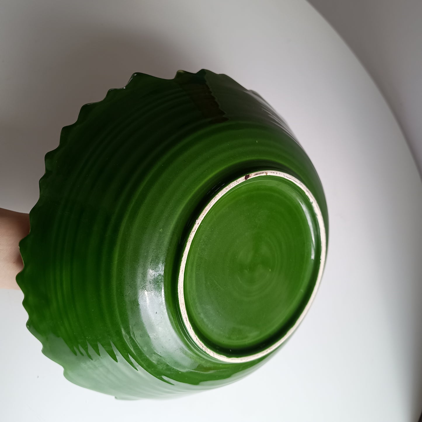 Large Vintage Portuguese Cabbage Leaf Serving Bowl: Emerald Green Majolica, Bordallo Style
