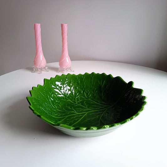 Large Vintage Portuguese Cabbage Leaf Serving Bowl: Emerald Green Majolica, Bordallo Style