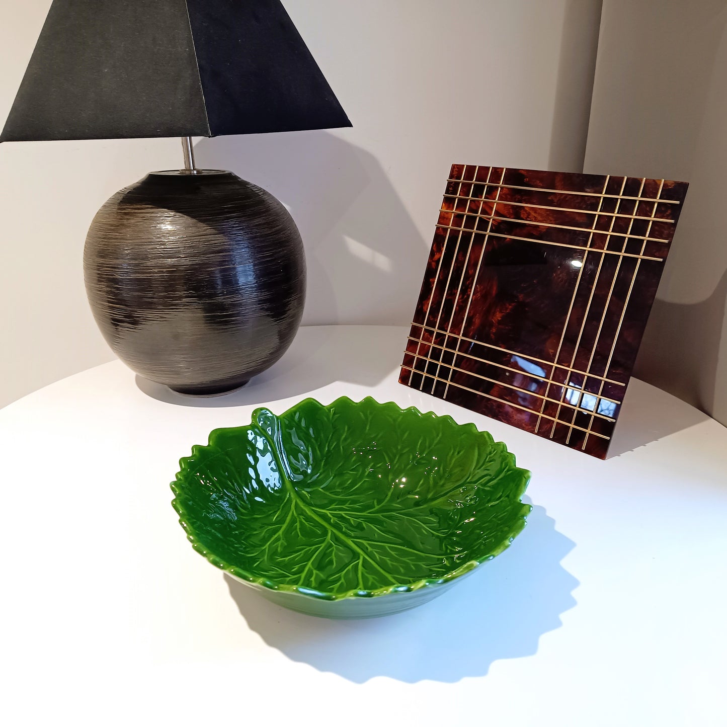 Large Vintage Portuguese Cabbage Leaf Serving Bowl: Emerald Green Majolica, Bordallo Style
