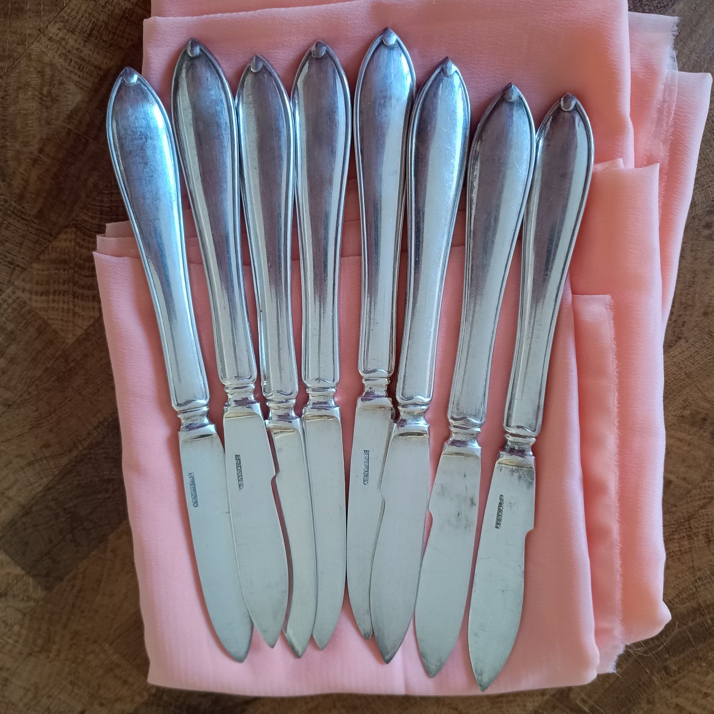 8 Vintage Silver Plated Fruit / Cake Knives: Mid-Century Chippendale, NK Stockholm, Sweden