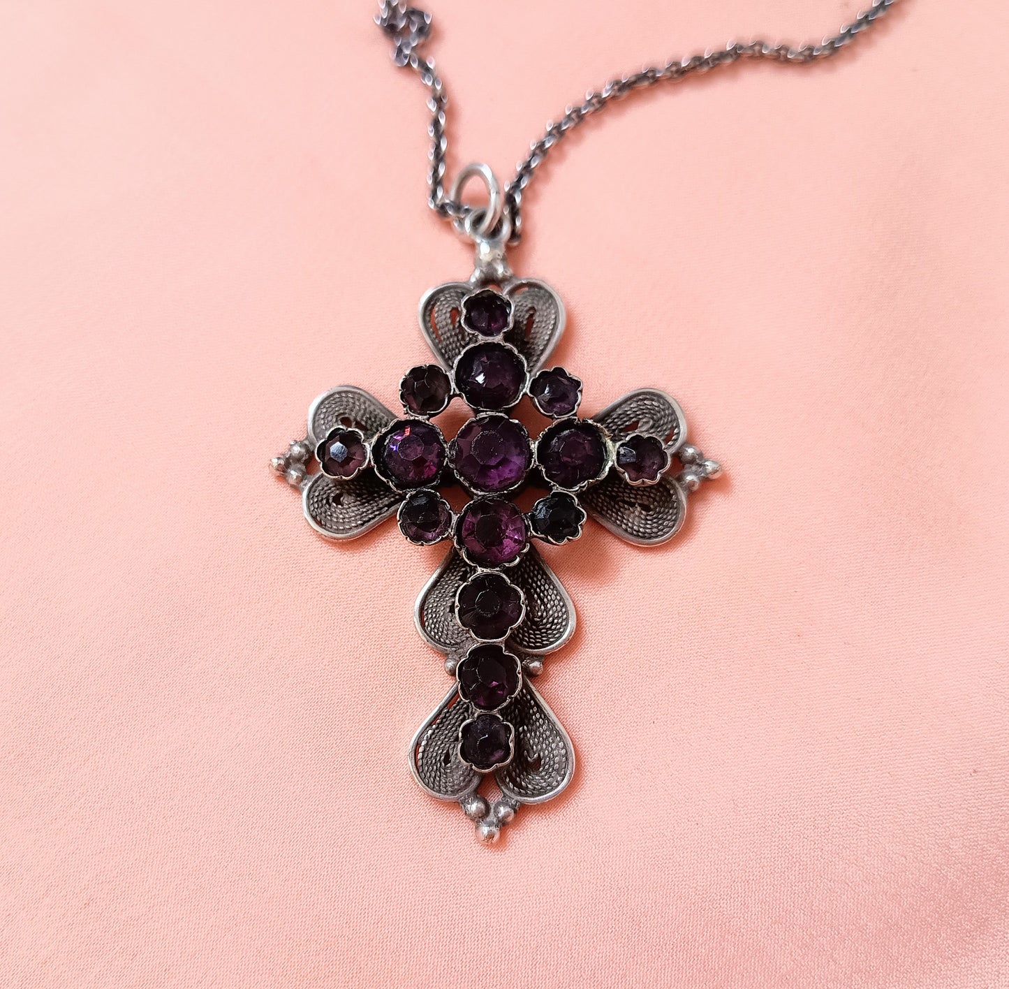 Large Antique Victorian Gothic Cross Pendant: Cut Amethyst Glass Paste, Renaissance Revival