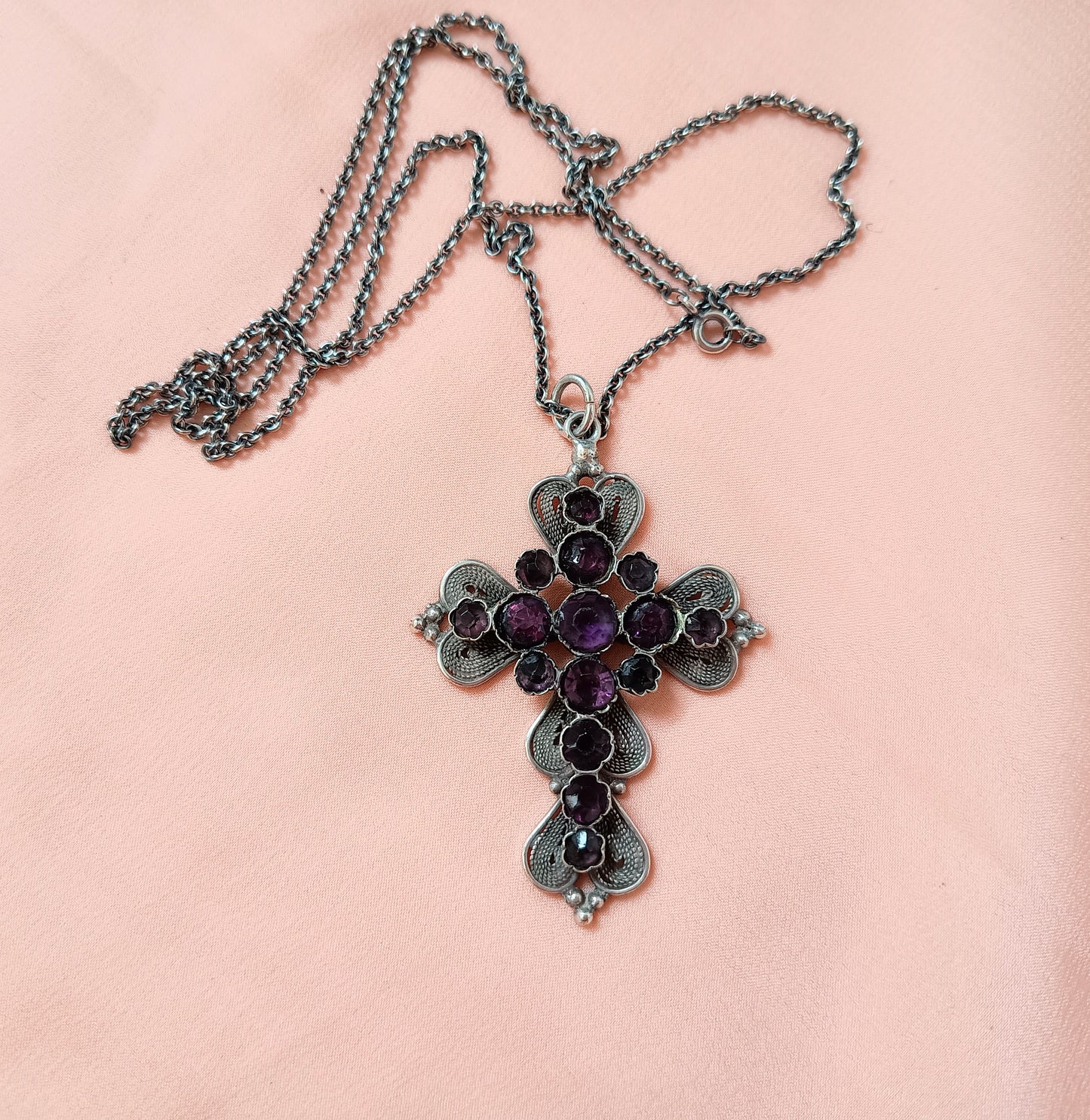 Large Antique Victorian Gothic Cross Pendant: Cut Amethyst Glass Paste, Renaissance Revival