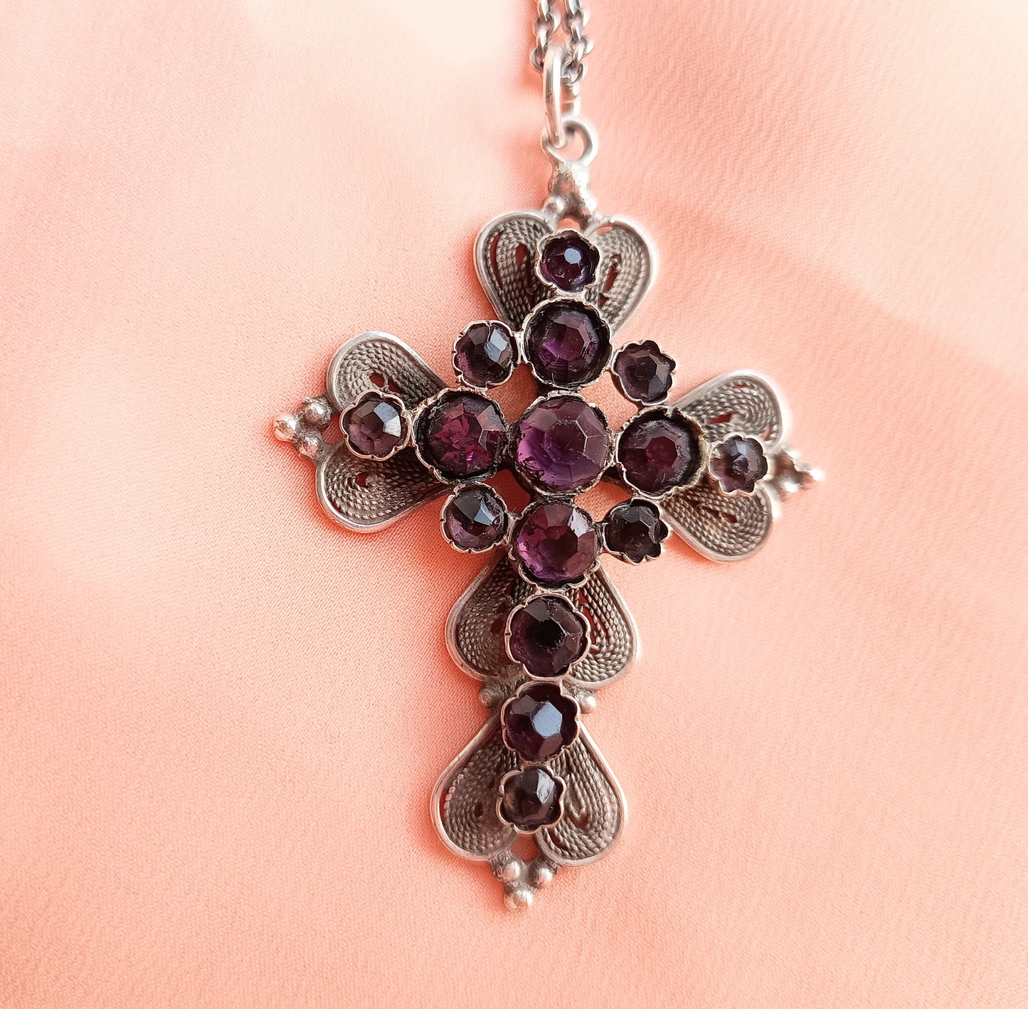 Large Antique Victorian Gothic Cross Pendant: Cut Amethyst Glass Paste, Renaissance Revival