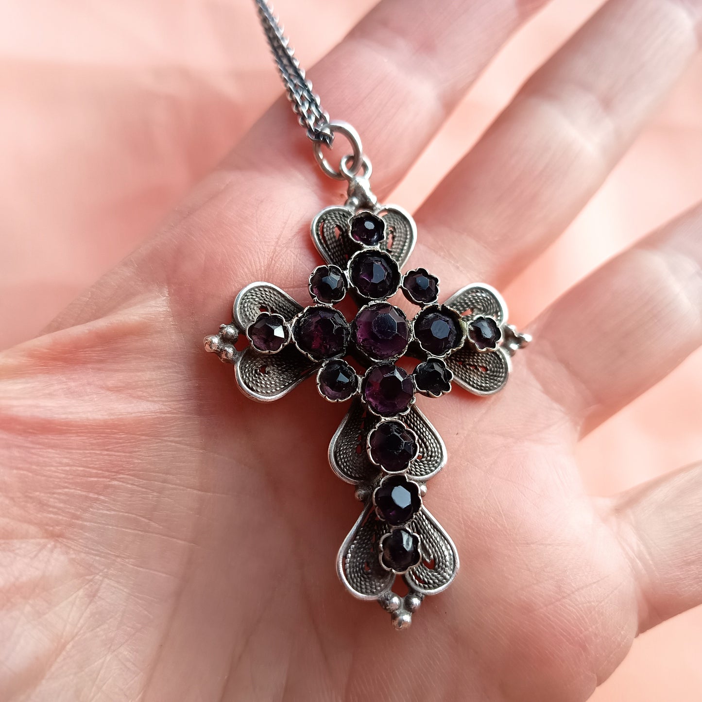 Large Antique Victorian Gothic Cross Pendant: Cut Amethyst Glass Paste, Renaissance Revival