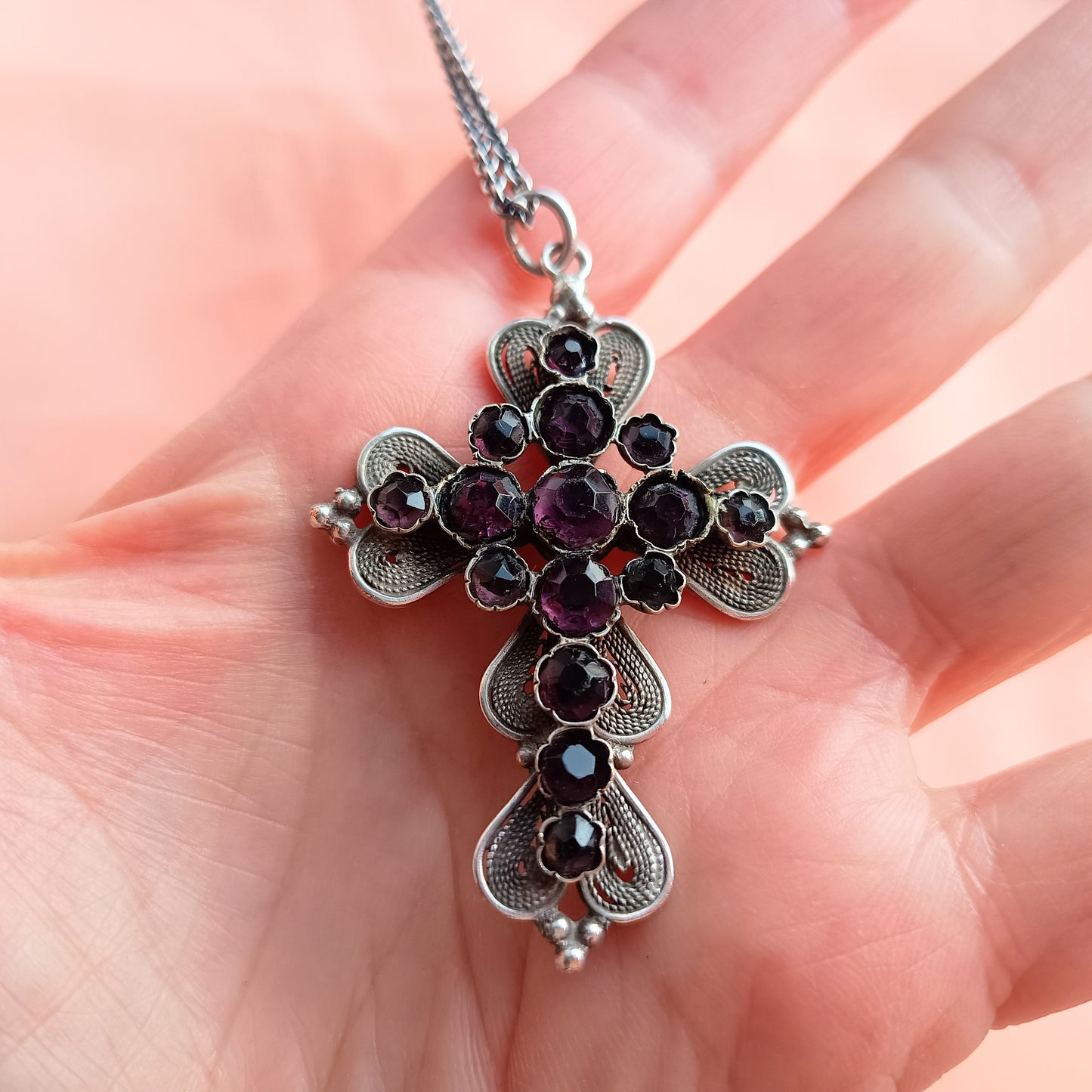 Large Antique Victorian Gothic Cross Pendant: Cut Amethyst Glass Paste, Renaissance Revival