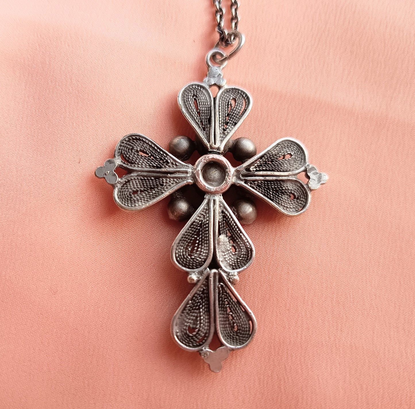 Large Antique Victorian Gothic Cross Pendant: Cut Amethyst Glass Paste, Renaissance Revival