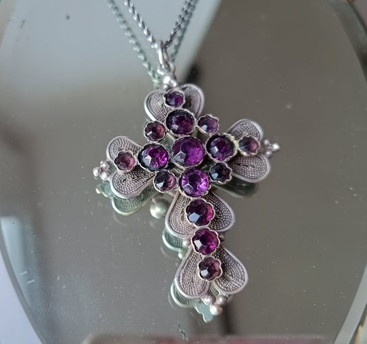 Large Antique Victorian Gothic Cross Pendant: Cut Amethyst Glass Paste, Renaissance Revival