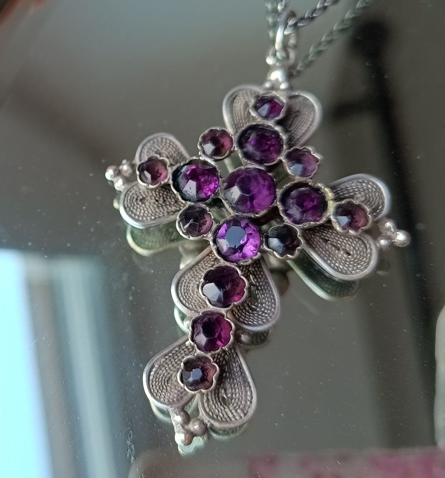 Large Antique Victorian Gothic Cross Pendant: Cut Amethyst Glass Paste, Renaissance Revival