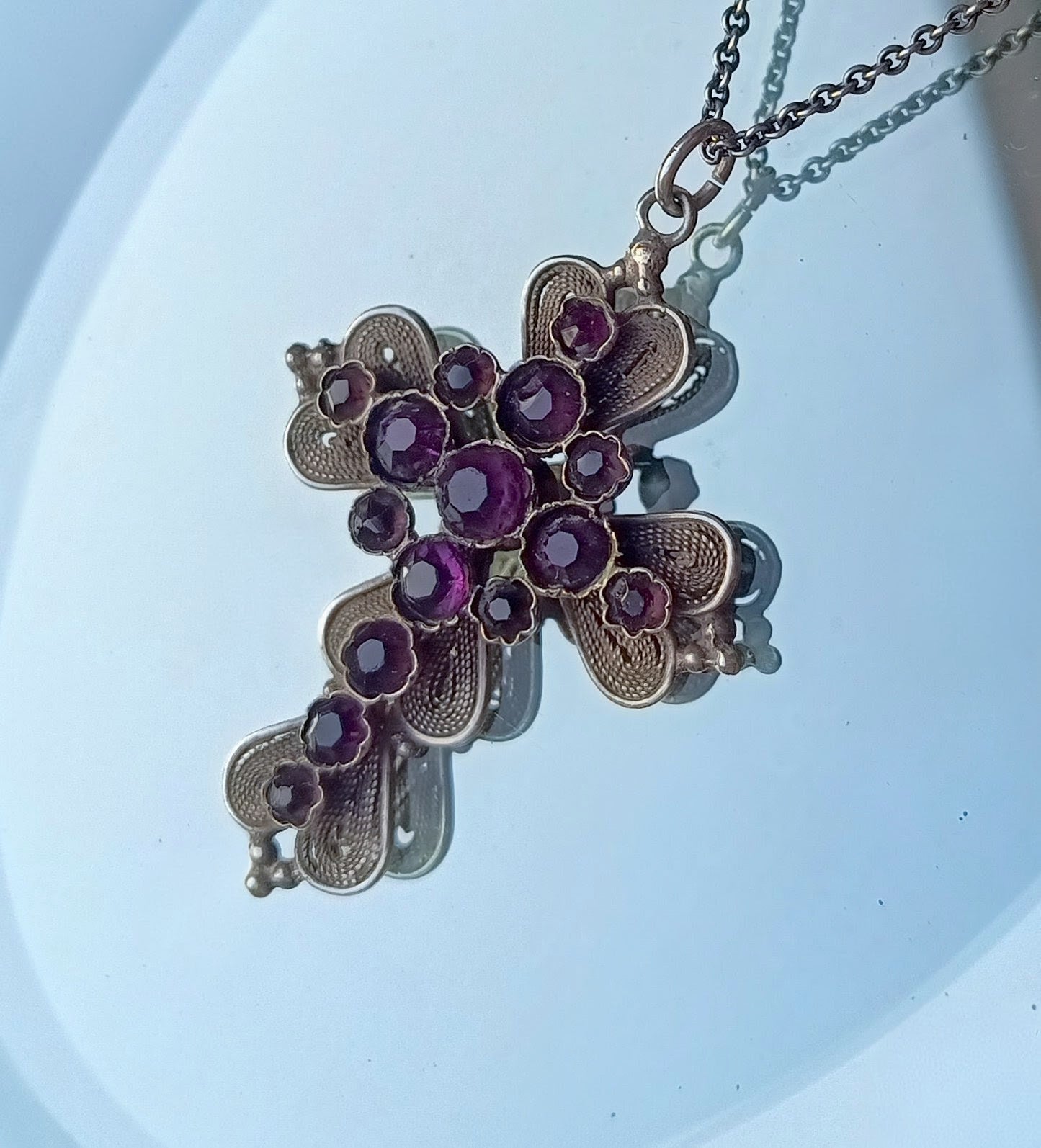 Large Antique Victorian Gothic Cross Pendant: Cut Amethyst Glass Paste, Renaissance Revival
