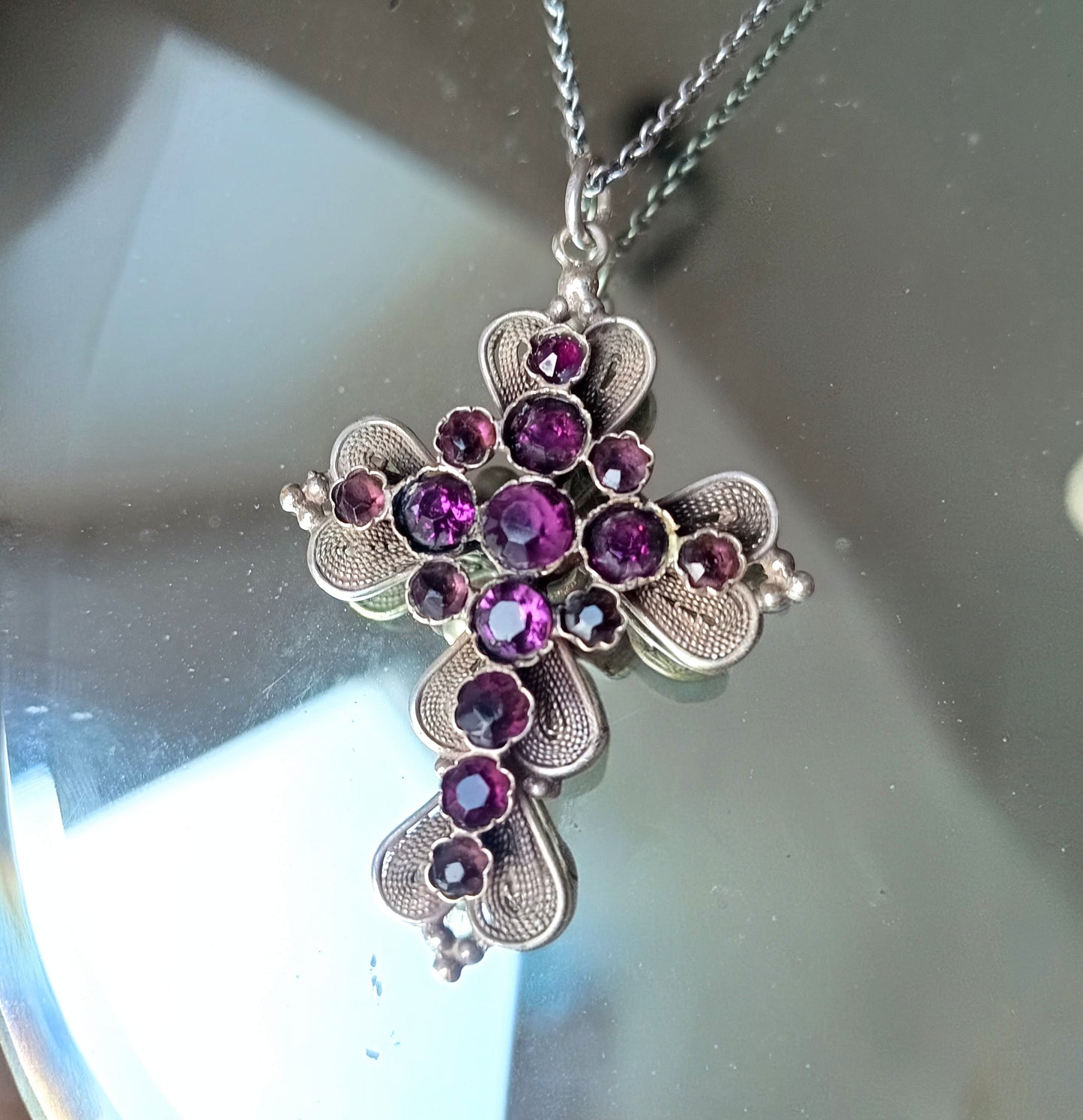 Large Antique Victorian Gothic Cross Pendant: Cut Amethyst Glass Paste, Renaissance Revival