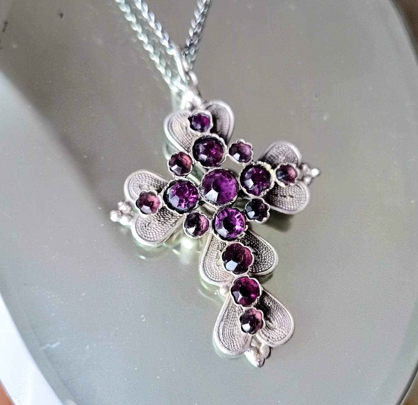 Large Antique Victorian Gothic Cross Pendant: Cut Amethyst Glass Paste, Renaissance Revival
