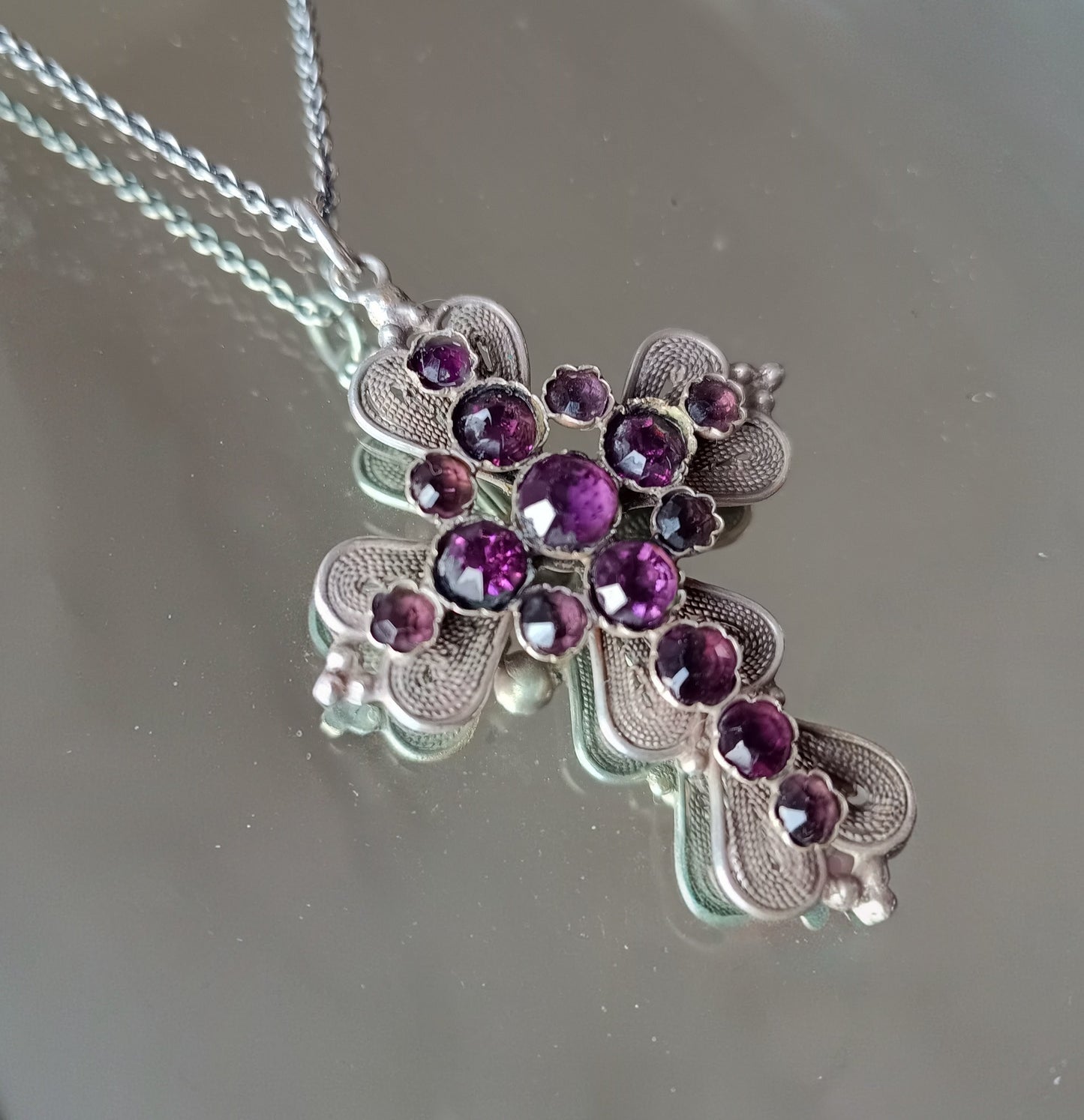 Large Antique Victorian Gothic Cross Pendant: Cut Amethyst Glass Paste, Renaissance Revival