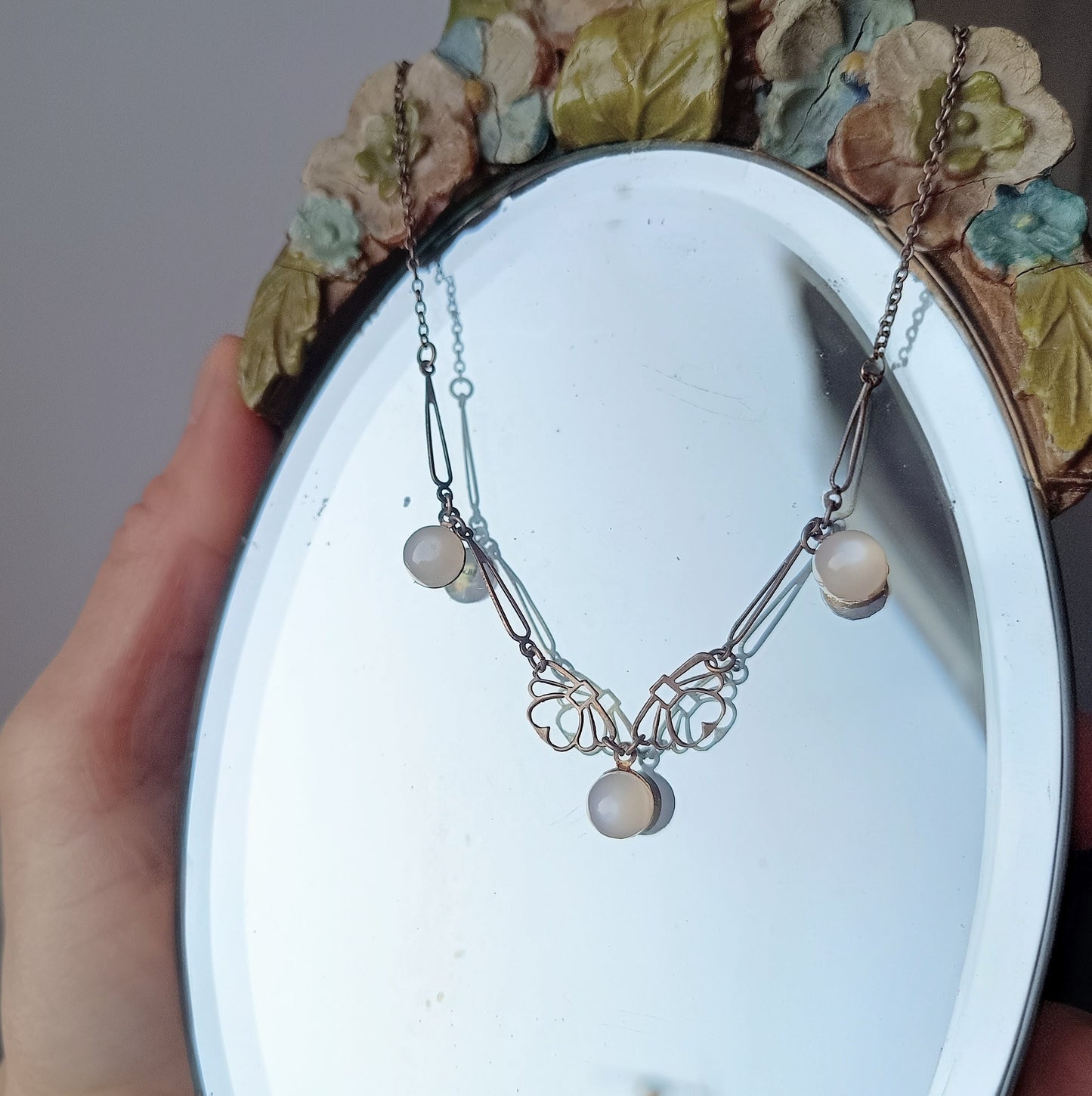 Genuine Art Deco Silver Moonstone Necklace: Closed back Domed Cabochons, Original Bayonet Clasp