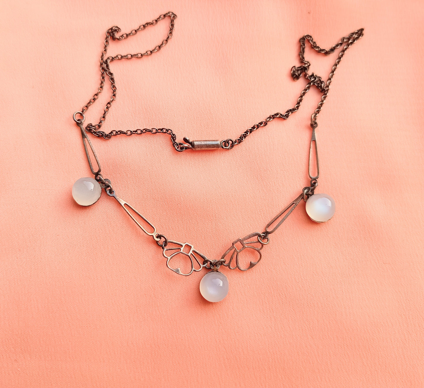 Genuine Art Deco Silver Moonstone Necklace: Closed back Domed Cabochons, Original Bayonet Clasp
