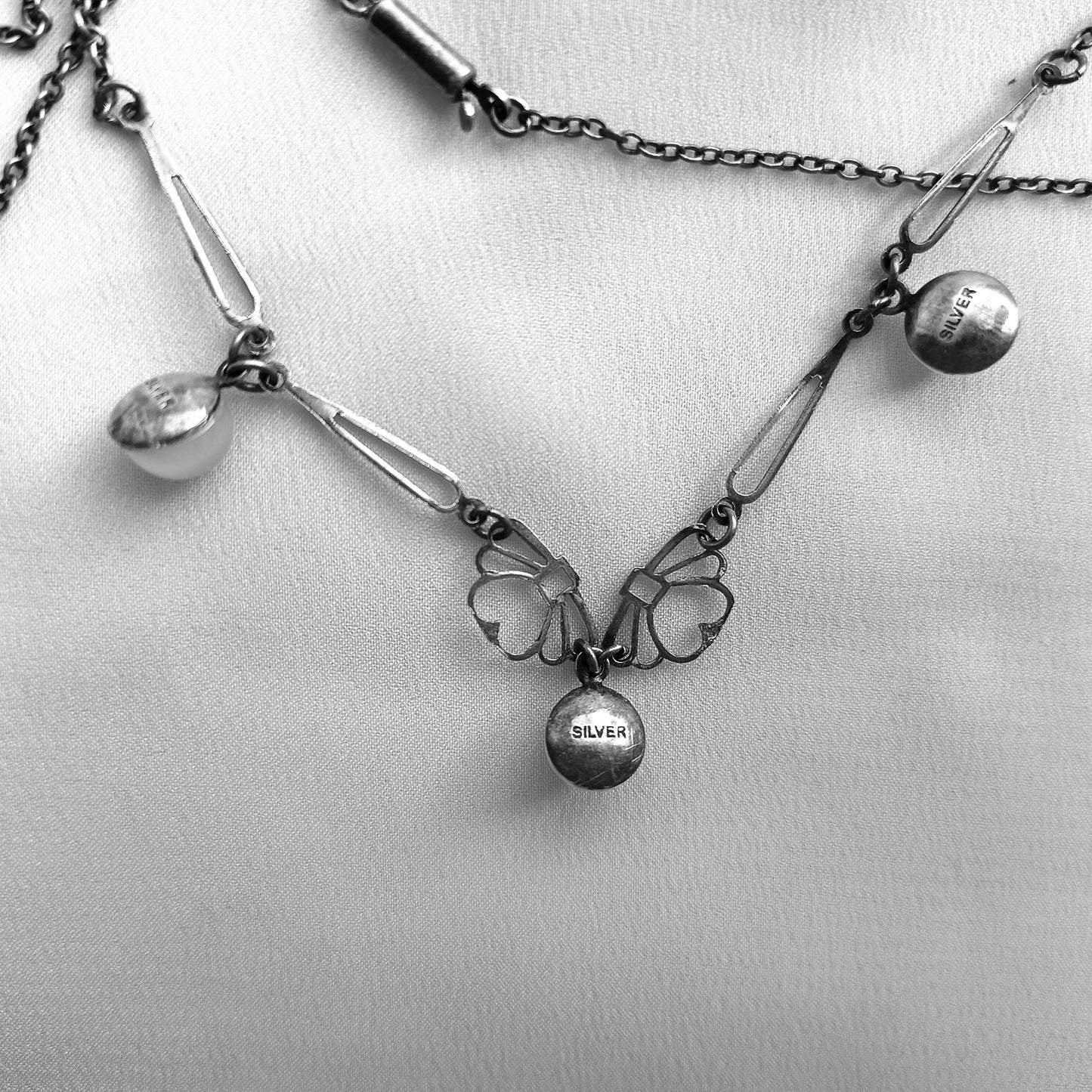 Genuine Art Deco Silver Moonstone Necklace: Closed back Domed Cabochons, Original Bayonet Clasp