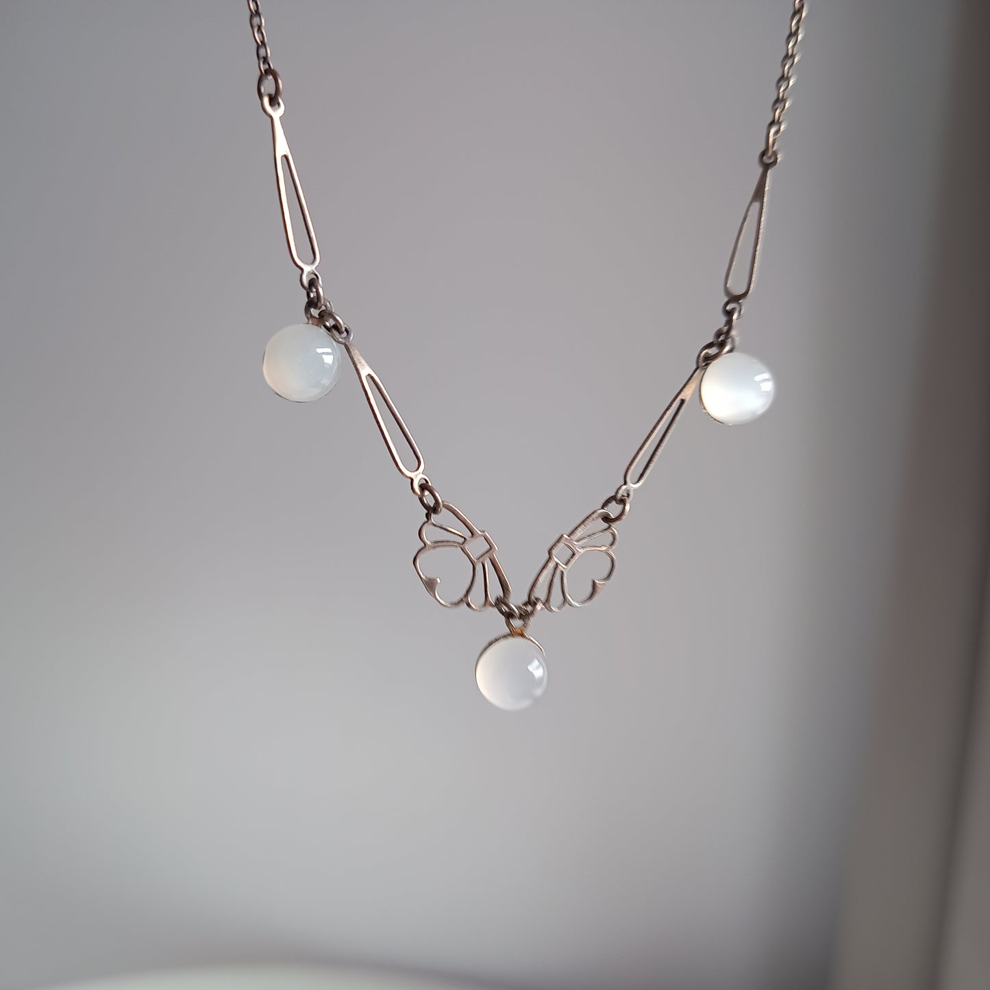 Genuine Art Deco Silver Moonstone Necklace: Closed back Domed Cabochons, Original Bayonet Clasp