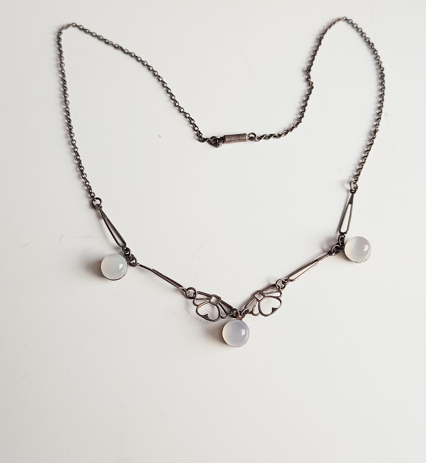 Genuine Art Deco Silver Moonstone Necklace: Closed back Domed Cabochons, Original Bayonet Clasp