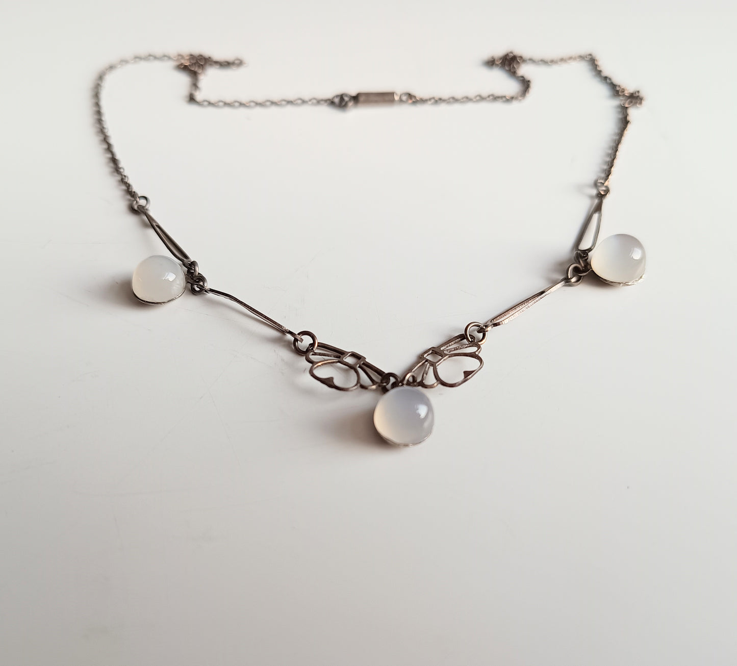 Genuine Art Deco Silver Moonstone Necklace: Closed back Domed Cabochons, Original Bayonet Clasp
