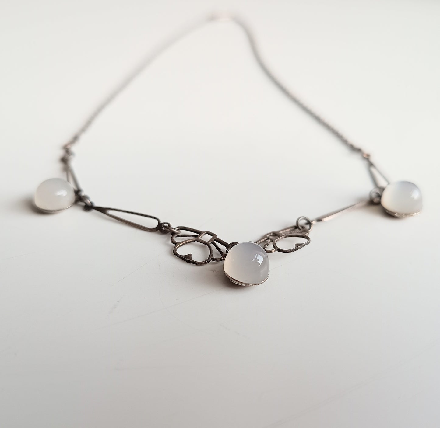 Genuine Art Deco Silver Moonstone Necklace: Closed back Domed Cabochons, Original Bayonet Clasp