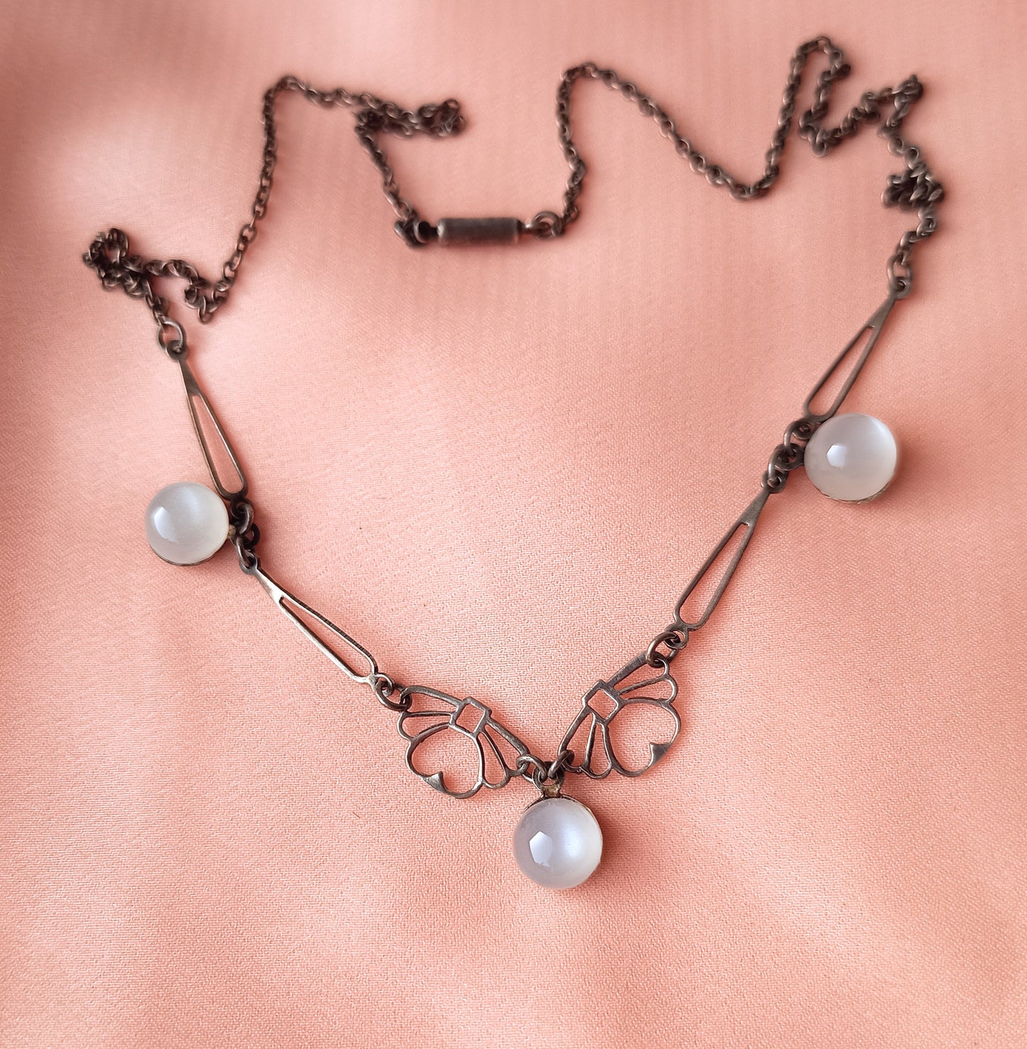 Genuine Art Deco Silver Moonstone Necklace: Closed back Domed Cabochons, Original Bayonet Clasp