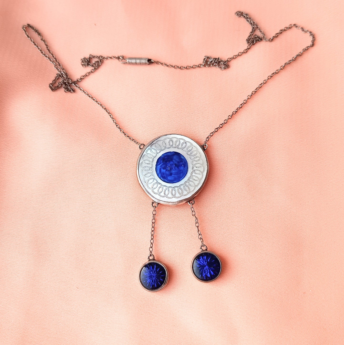 Art Deco Sterling Silver Enamel Necklace: Royal Blue Guilloche Enamel Glass Drops