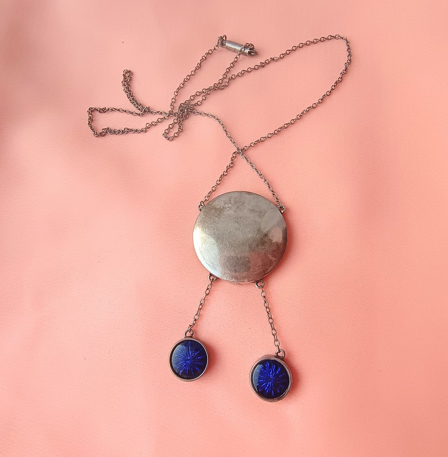 Art Deco Sterling Silver Enamel Necklace: Royal Blue Guilloche Enamel Glass Drops