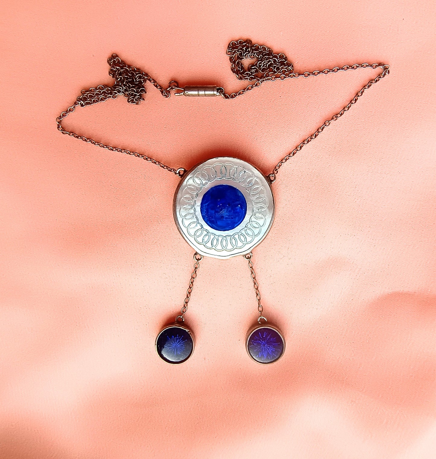 Art Deco Sterling Silver Enamel Necklace: Royal Blue Guilloche Enamel Glass Drops