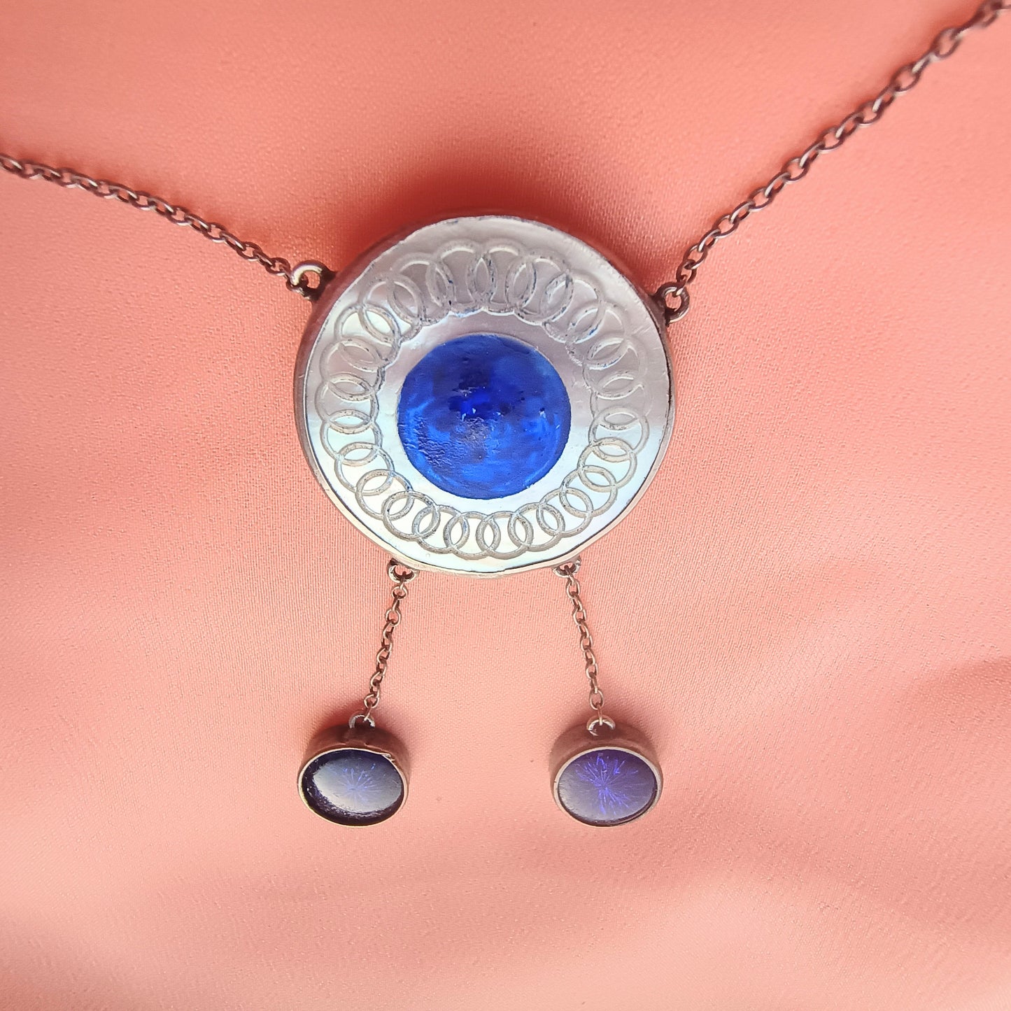 Art Deco Sterling Silver Enamel Necklace: Royal Blue Guilloche Enamel Glass Drops