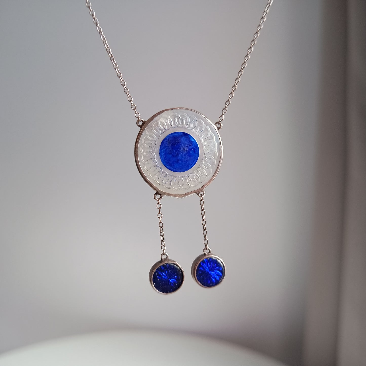 Art Deco Sterling Silver Enamel Necklace: Royal Blue Guilloche Enamel Glass Drops