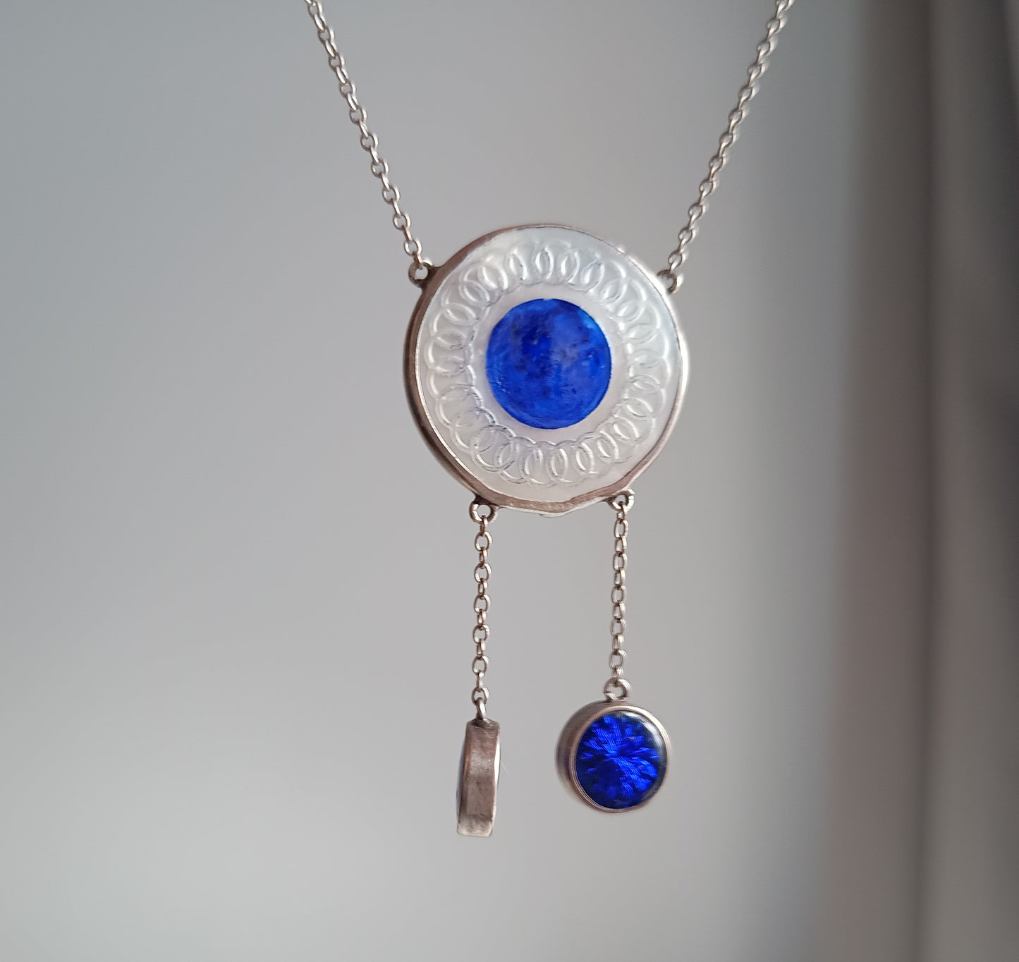 Art Deco Sterling Silver Enamel Necklace: Royal Blue Guilloche Enamel Glass Drops