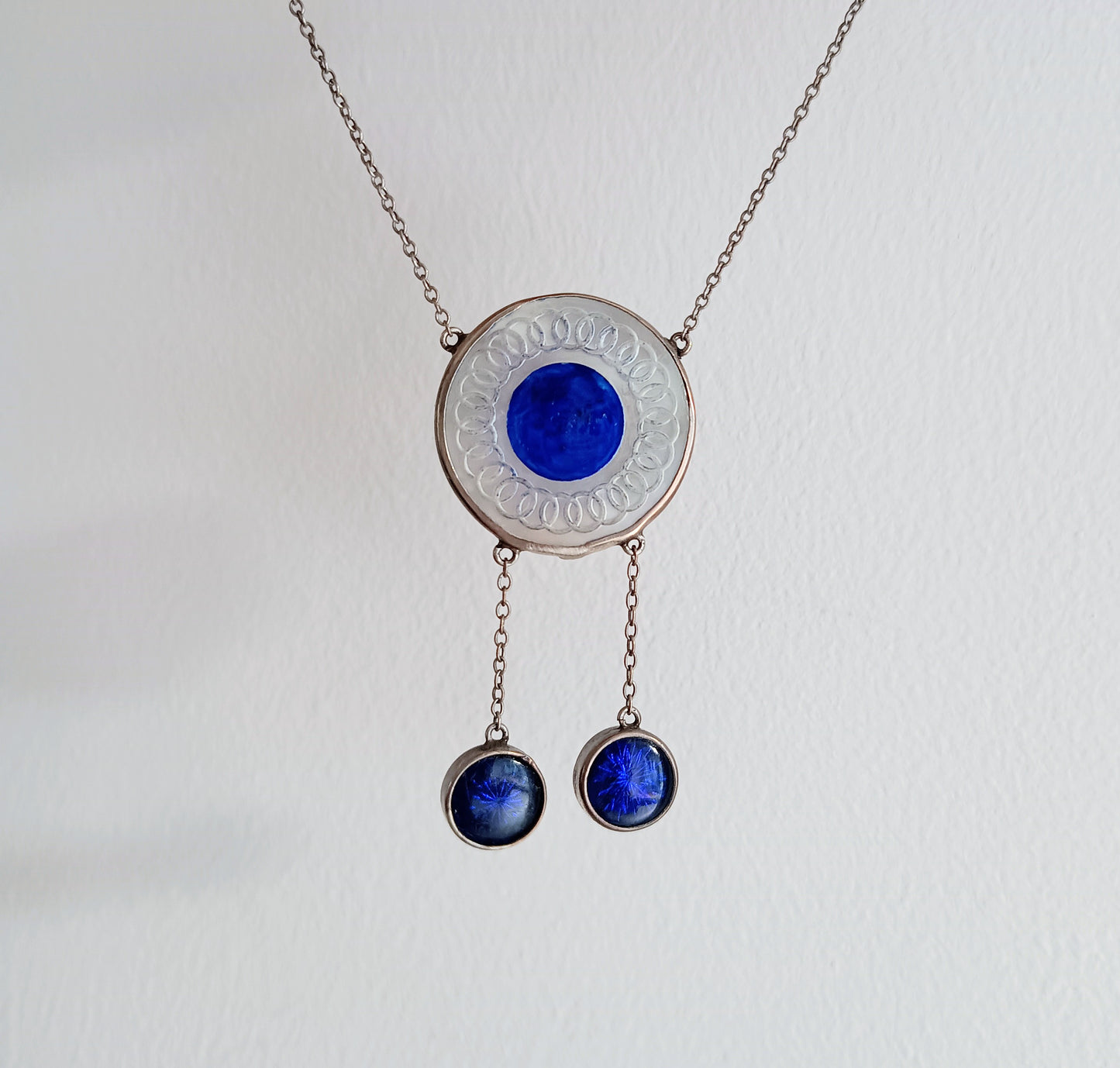 Art Deco Sterling Silver Enamel Necklace: Royal Blue Guilloche Enamel Glass Drops