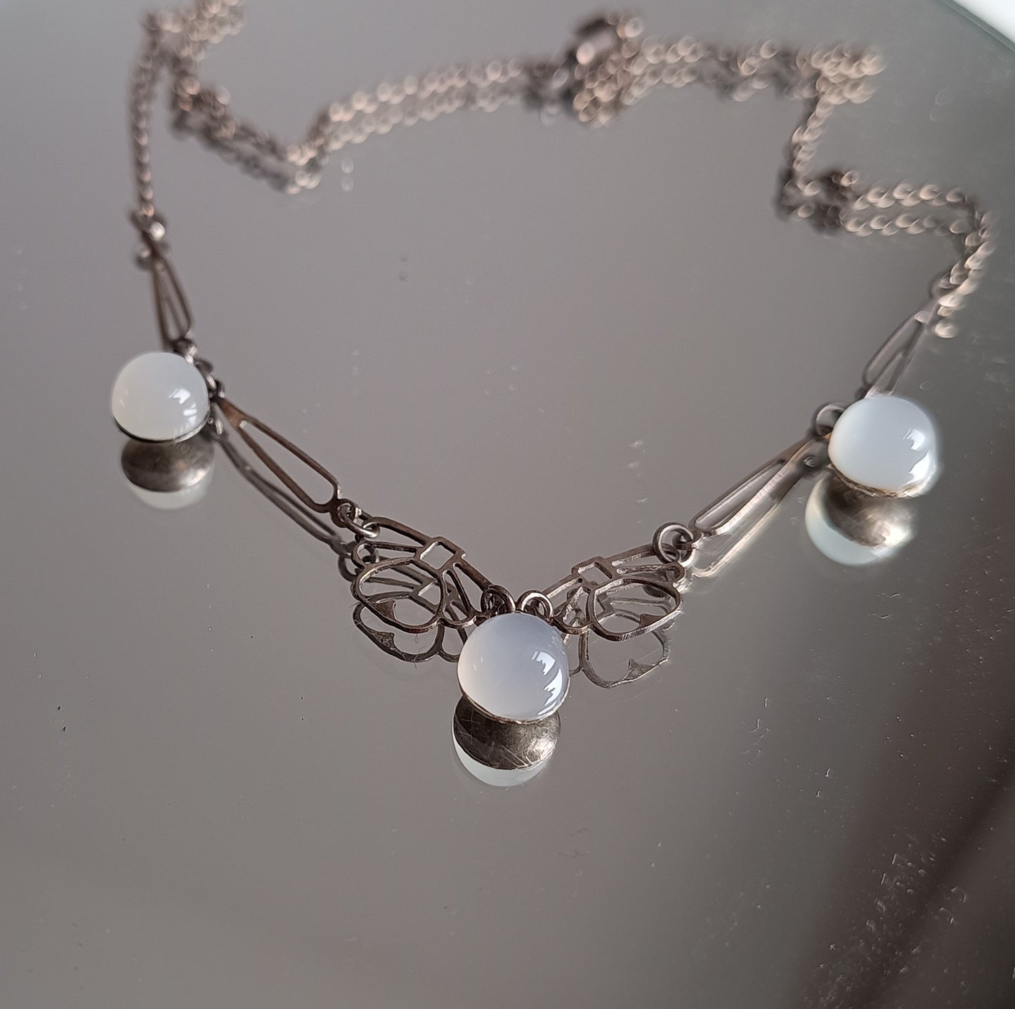 Genuine Art Deco Silver Moonstone Necklace: Closed back Domed Cabochons, Original Bayonet Clasp