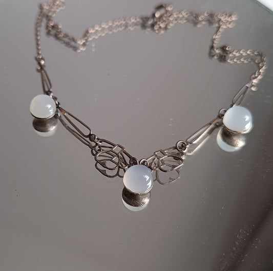 Genuine Art Deco Silver Moonstone Necklace: Closed back Domed Cabochons, Original Bayonet Clasp