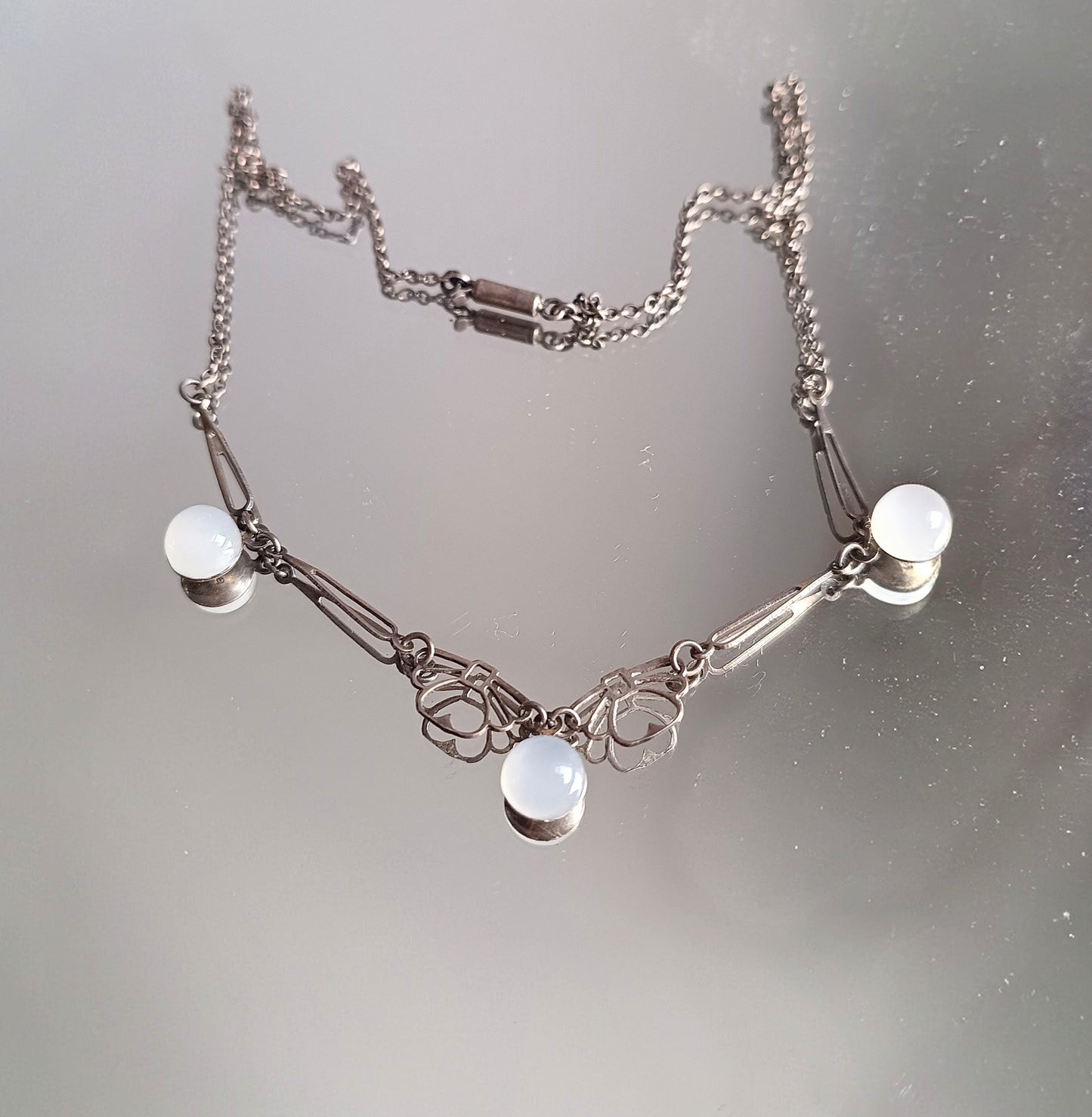 Genuine Art Deco Silver Moonstone Necklace: Closed back Domed Cabochons, Original Bayonet Clasp