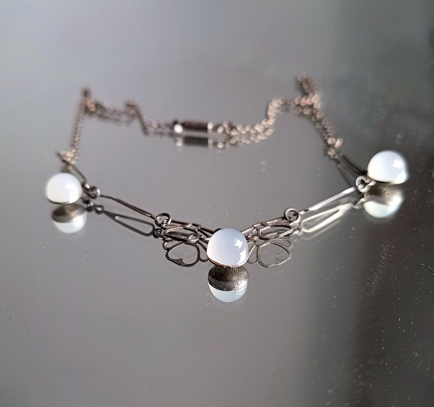 Genuine Art Deco Silver Moonstone Necklace: Closed back Domed Cabochons, Original Bayonet Clasp