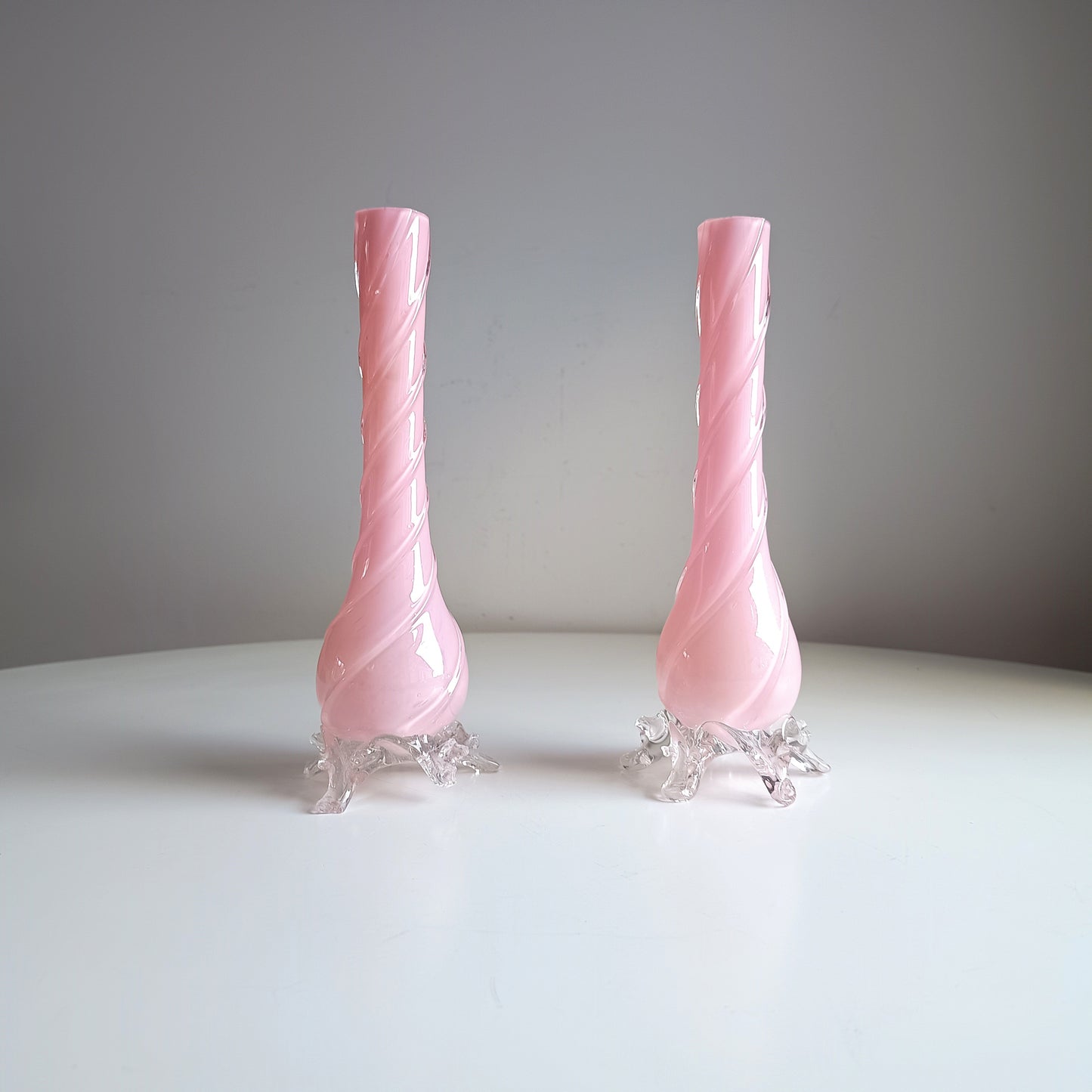 Vintage Murano Pink Opaline Glass Vases, Applied Freeform Feet, Fratelli Toso Style