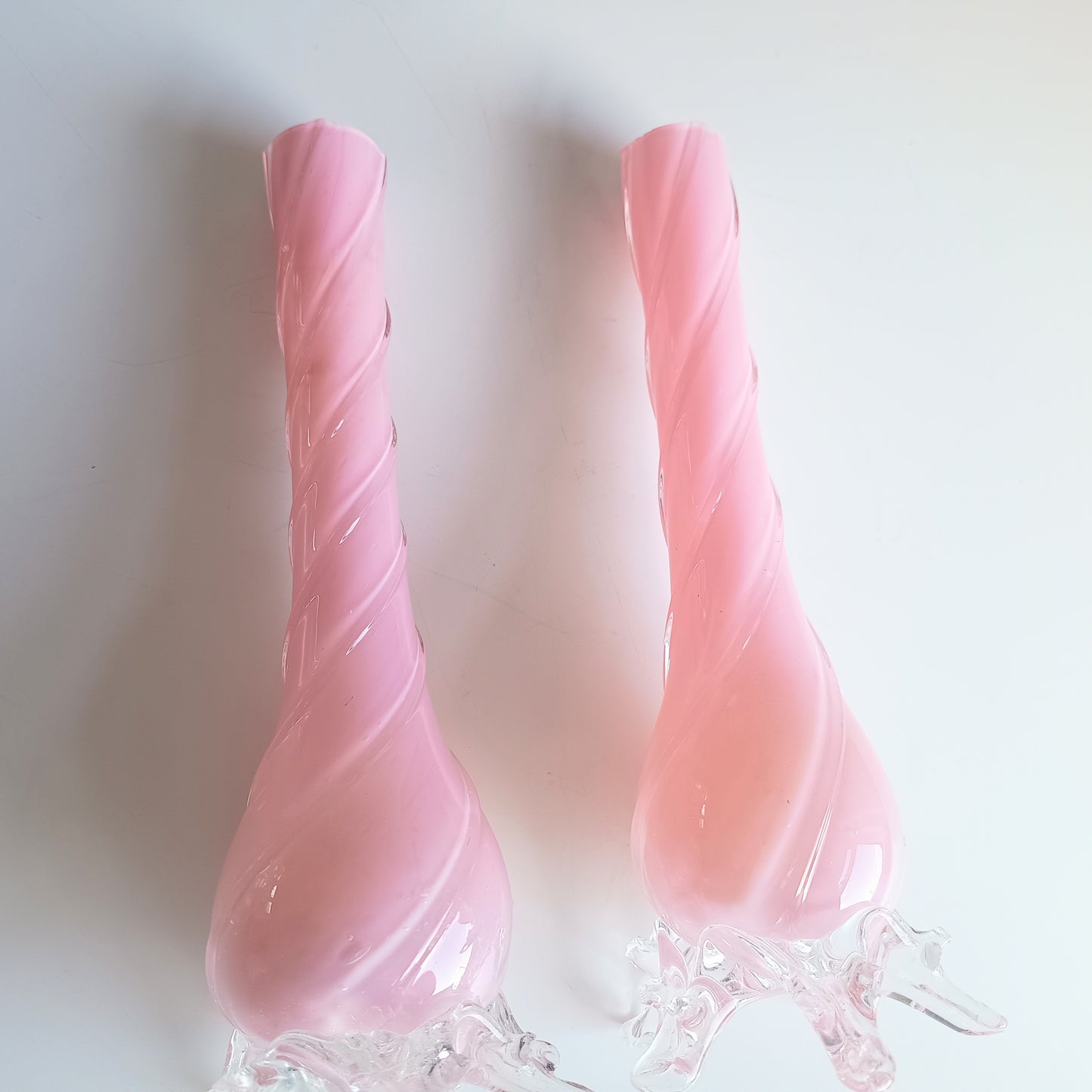 Vintage Murano Pink Opaline Glass Vases, Applied Freeform Feet, Fratelli Toso Style