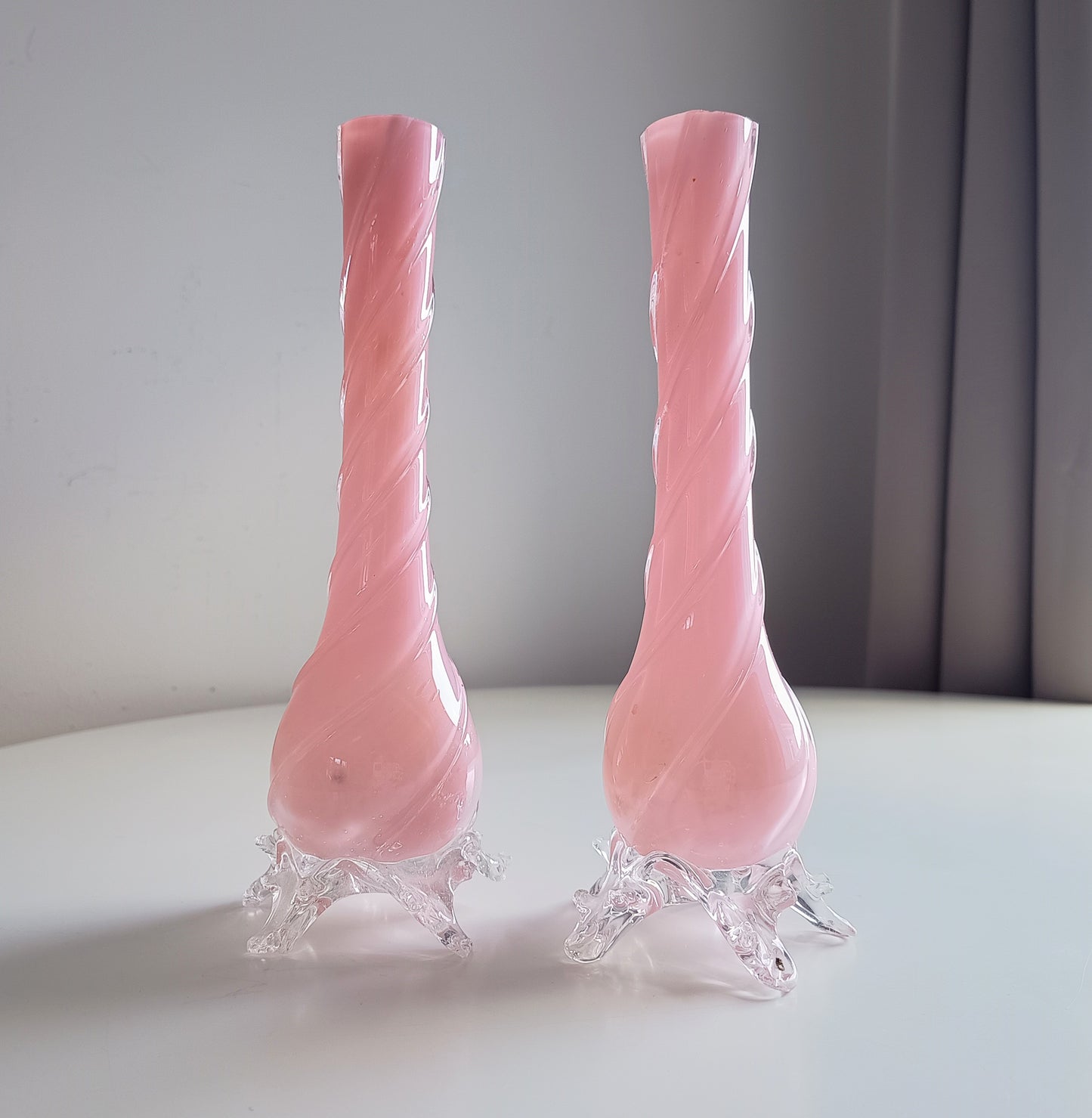 Vintage Murano Pink Opaline Glass Vases, Applied Freeform Feet, Fratelli Toso Style
