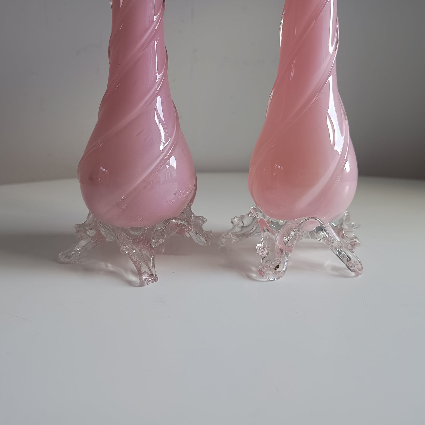 Vintage Murano Pink Opaline Glass Vases, Applied Freeform Feet, Fratelli Toso Style