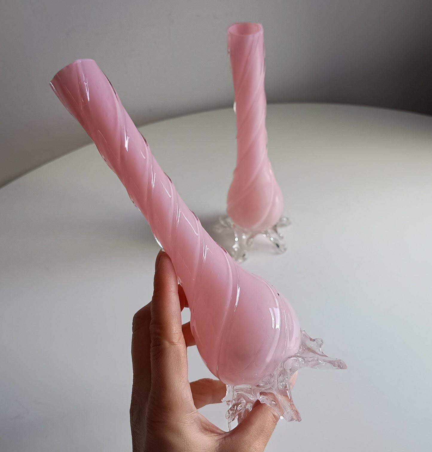 Vintage Murano Pink Opaline Glass Vases, Applied Freeform Feet, Fratelli Toso Style