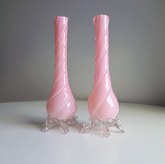 Vintage Murano Pink Opaline Glass Vases, Applied Freeform Feet, Fratelli Toso Style