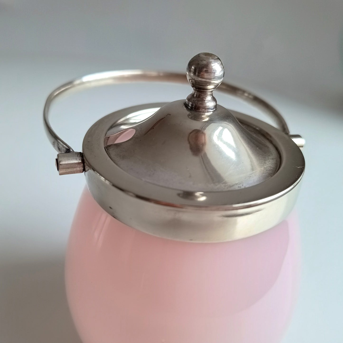 Antique Victorian Pink Opaline Glass Jar, Silver plated Lid and Handle, Stourbridge 1900