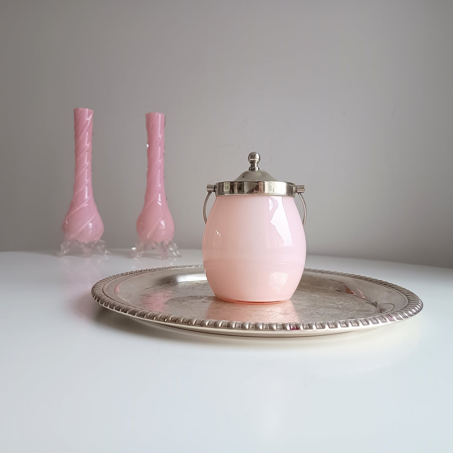 Antique Victorian Pink Opaline Glass Jar, Silver plated Lid and Handle, Stourbridge 1900