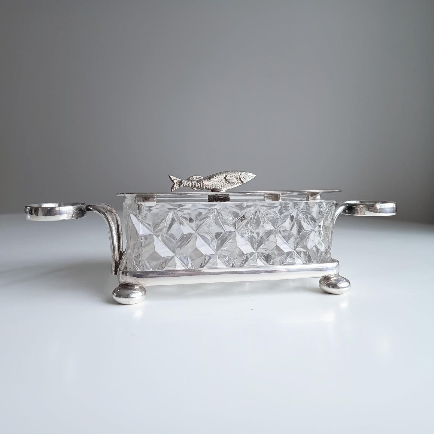 Victorian Henry Bourne Silver-Plated Sardine Dish: Zoomorphic Fish Finial, Cut Glass, England, c 1890