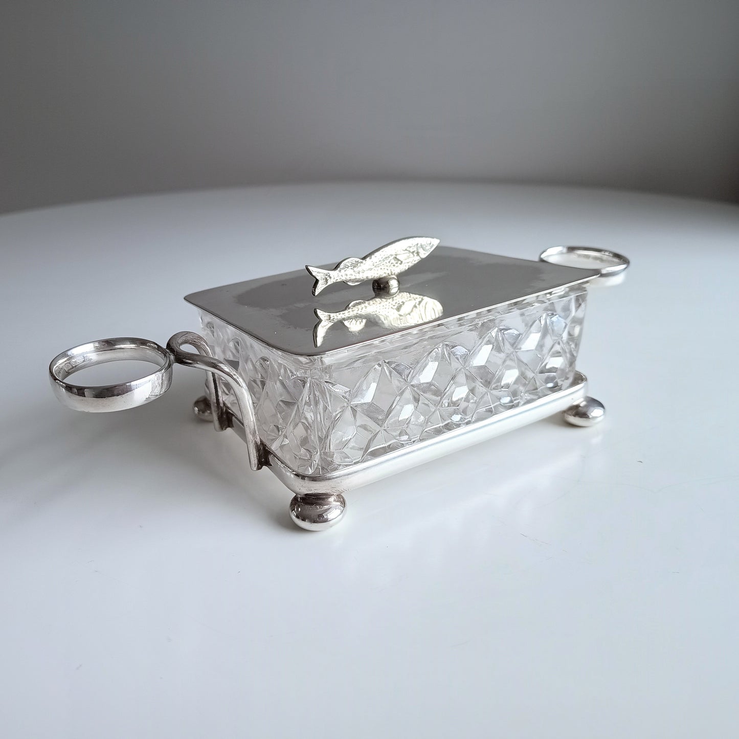Victorian Henry Bourne Silver-Plated Sardine Dish: Zoomorphic Fish Finial, Cut Glass, England, c 1890