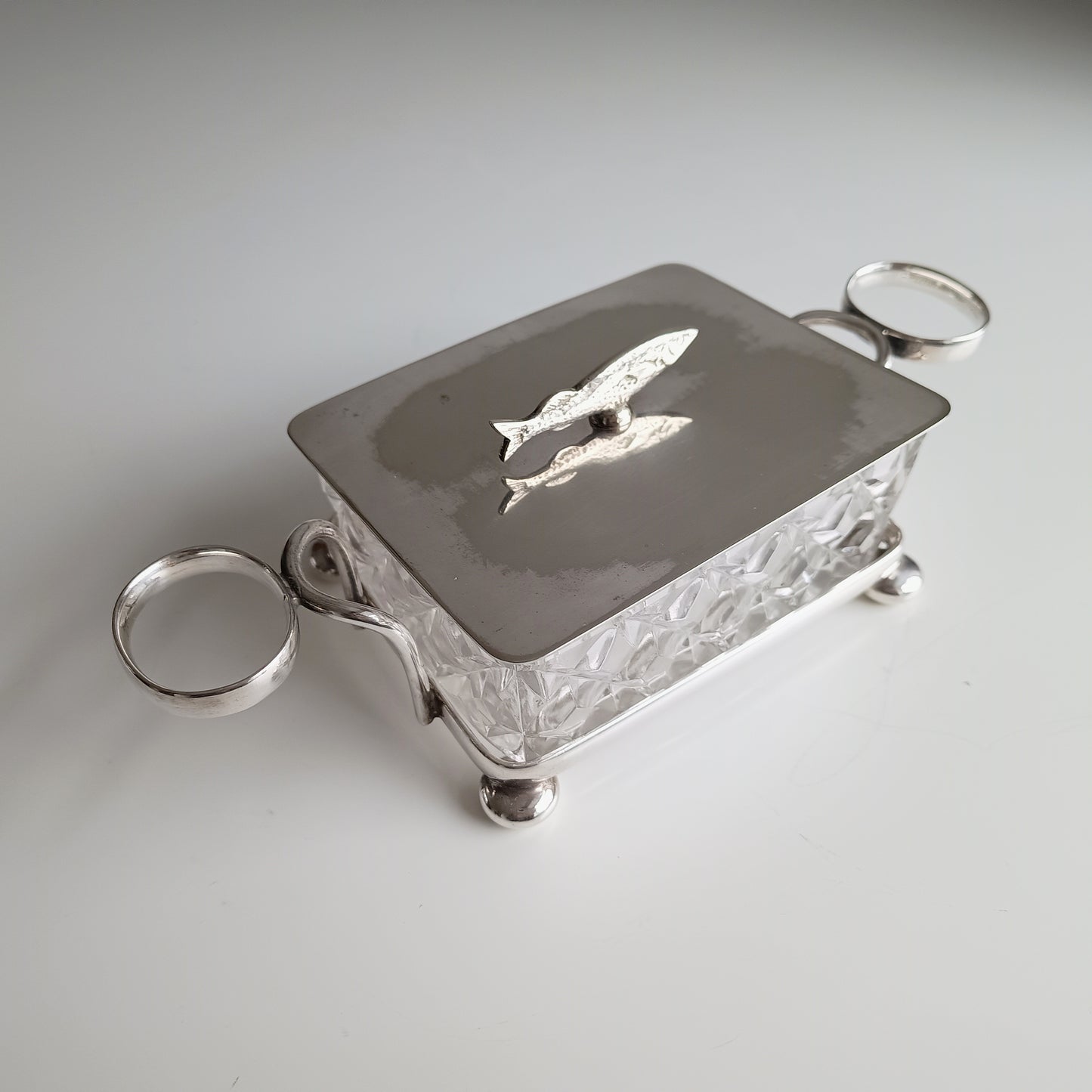 Victorian Henry Bourne Silver-Plated Sardine Dish: Zoomorphic Fish Finial, Cut Glass, England, c 1890